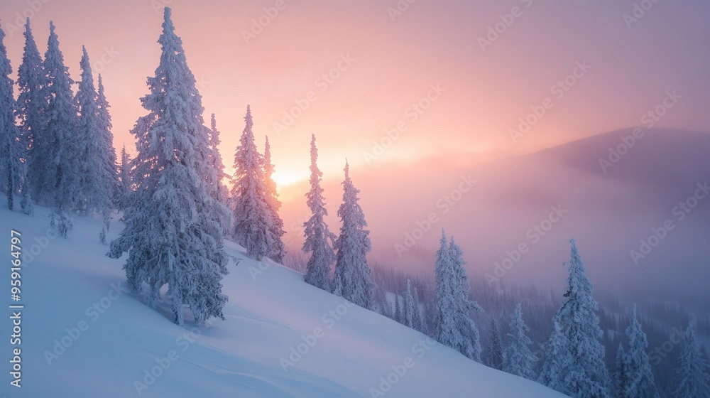 Winter Landscape Snow Covered Trees During Mountain Sunrise
