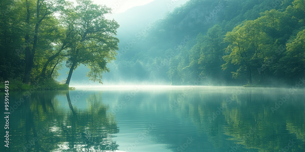 Fototapeta premium Tranquil Forest Lake with Morning Mist and Reflections