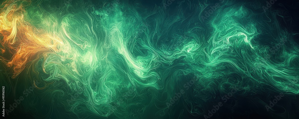 Dark background with vivid green fiery swirls, abstract design, intense and dramatic, copy space available. Dark background with vivid green fiery swirls, abstract design, intense and dramatic, copy space available.