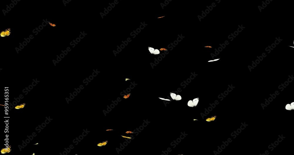 3D Group of Monarch butterflies, Small cabbage white flying on a black background, environment nature animation element, 4k Colorful Orange sulphur Butterflies Flying On Matte Background Animation