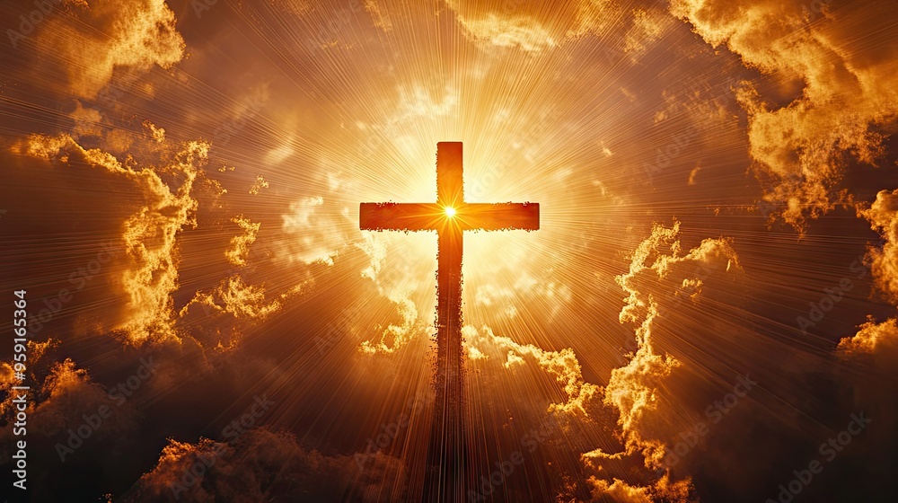 Fototapeta premium The cross of the Lord surrounded by rays of the sun, creating a powerful image of faith and hope.