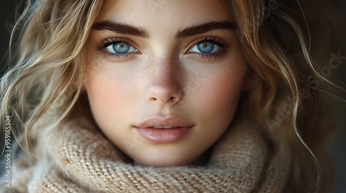 Close-up portrait of a young woman with blue eyes and soft makeup, wearing a beige knitted scarf.