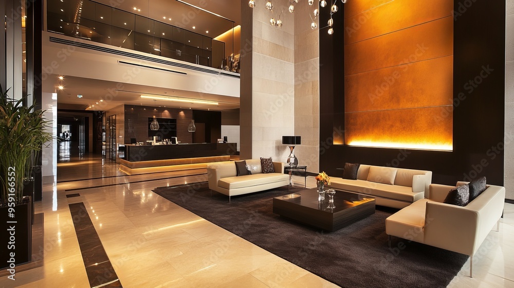 Sleek hotel lobby with elegant finishes Sleek hotel lobby with elegant finishes