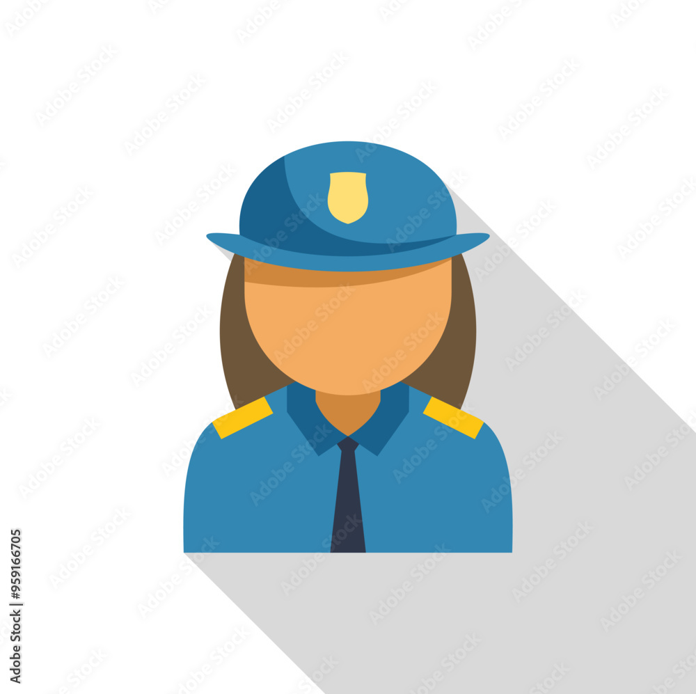 Flat design vector illustration of a female police officer wearing a blue uniform and hat with badge