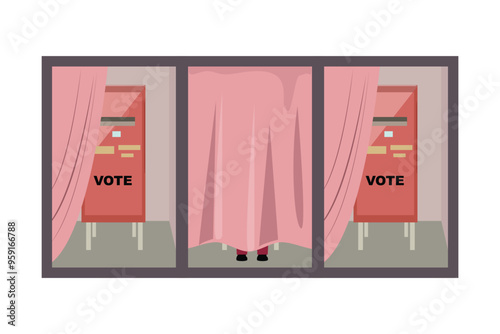 Election booth concept with a view of legs behind a curtained voting cabin, symbolising confidence