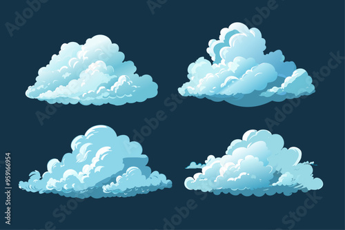 Blue Fluffy Cloud Landscape Illustration Set