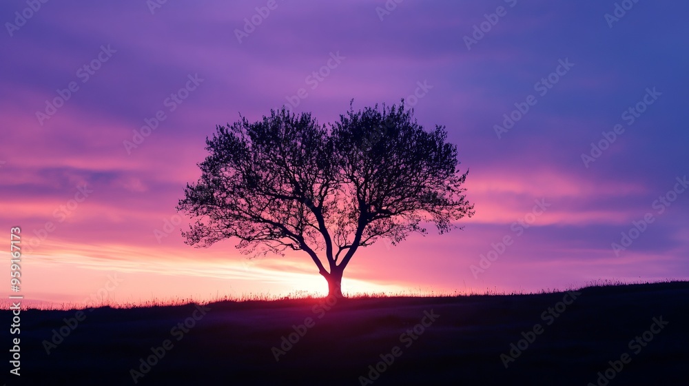 Solitary Tree Silhouette in Love Heart Shape with Violet Sunset Sky Solitary Tree Silhouette in Love Heart Shape with Violet Sunset Sky