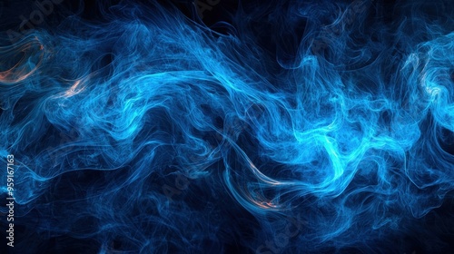 Dark background with vivid blue fiery swirls, abstract design, intense and dramatic, copy space available.