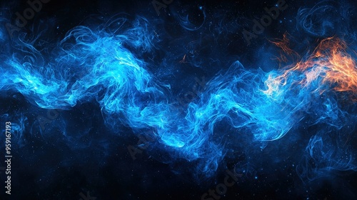 Abstract design with intense blue fiery swirls on a dark background, dramatic vibrant energy, ample copy space.