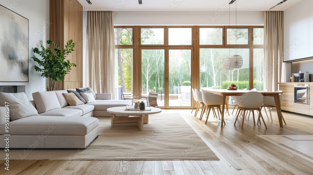 Modern Living Room with Large Windows and Cozy Sofa Modern Living Room with Large Windows and Cozy Sofa