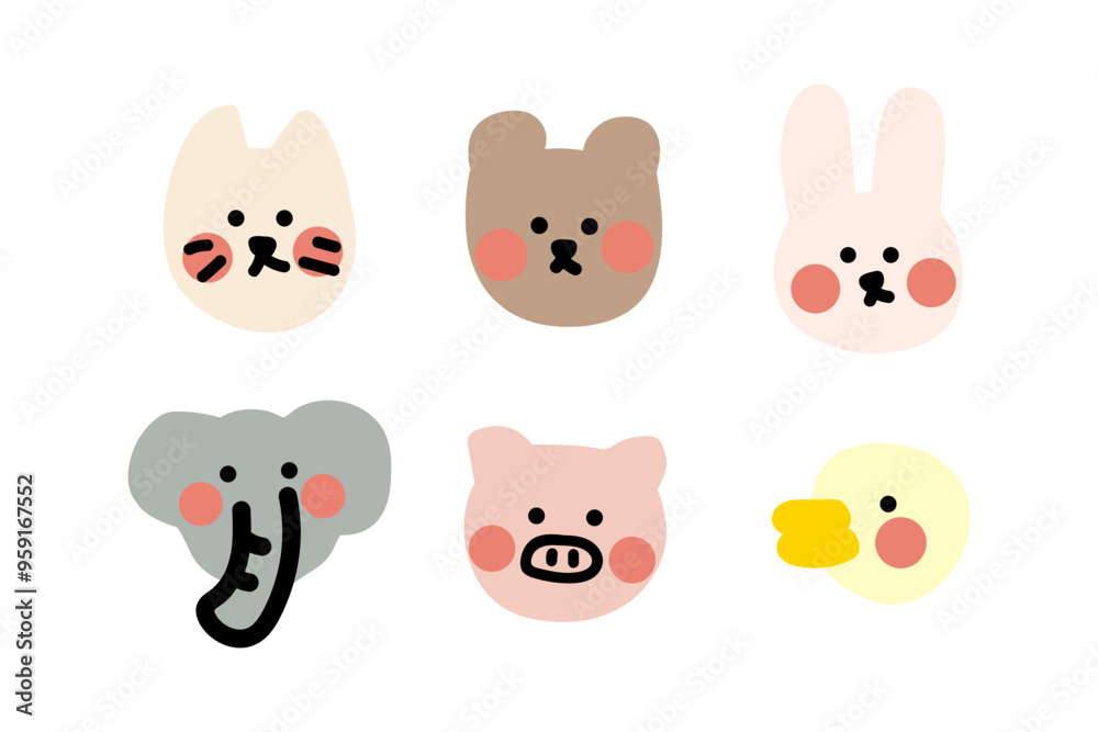 Hand drawn cute animals character head set. Cat, rabbit, bear, elephant, pig, duck. Use for greeting card, invitation, postcard, book, poster. Flat childish cartoon vector isolated illustration Hand drawn cute animals character head set. Cat, rabbit, bear, elephant, pig, duck. Use for greeting card, invitation, postcard, book, poster. Flat childish cartoon vector isolated illustration