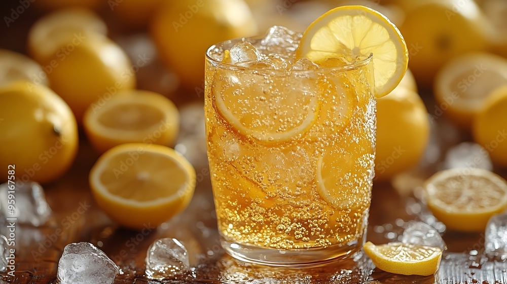 A refreshing glass of iced lemonade with lemon slices, ice cubes, and a lemon wedge garnish. A refreshing glass of iced lemonade with lemon slices, ice cubes, and a lemon wedge garnish.