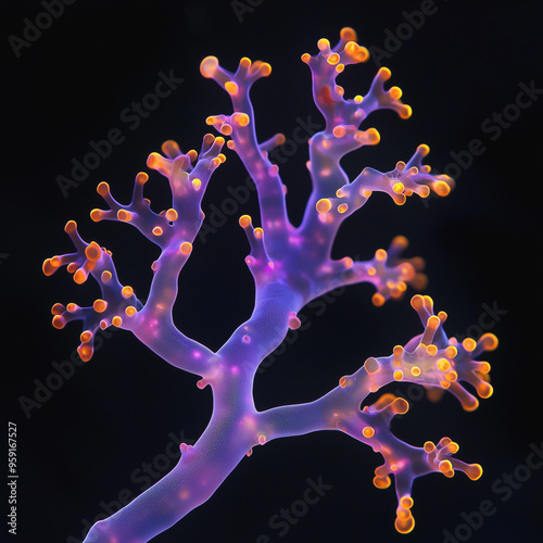 Vibrant coral branch glowing under deep ocean light in an underwater world

 photo