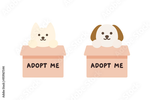 Dog and cat in adopt me box. Pet adoption, shelter, helping homeless animal concepts. Suitable for poster, flyer. Flat vector design isolated illustration.