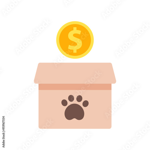 Pet adoption donation box icon. Shelter, helping homeless animal, charity, financial support concepts. Suitable for poster, flyer. Flat vector design isolated illustration.