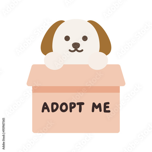 Dog in adopt me box. Pet adoption, shelter, helping homeless animal concepts. Suitable for poster, flyer. Flat vector design isolated illustration.