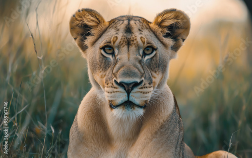 Lone lioness sitting in the savanna, bathed in the warm glow of the setting sun