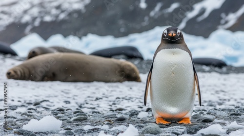 Gentoo penguins standing next to elephant seals at Hannah Point, Livingston Island, Antarctica photo