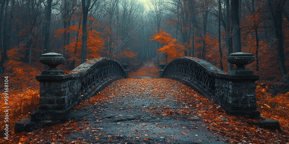Obraz premium Stone Bridge Through a Foggy Autumn Forest