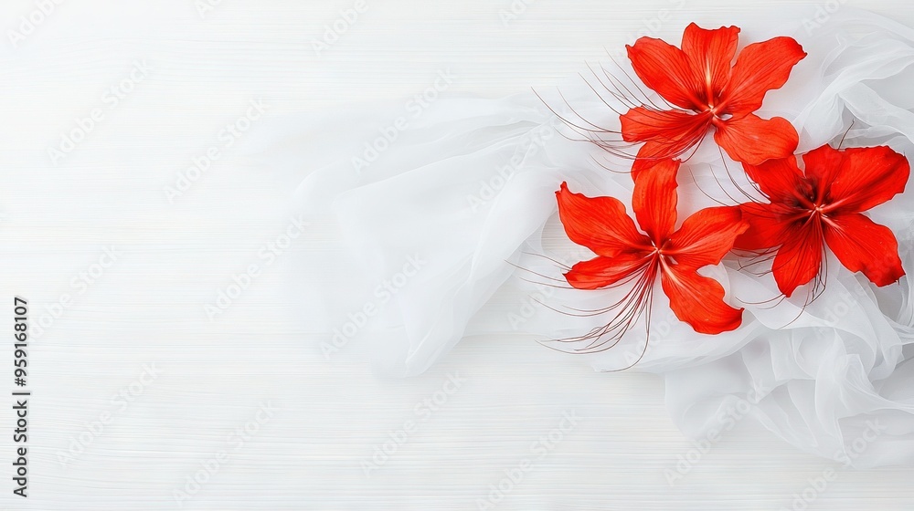 A cluster of scarlet blossoms resting atop a pristine organic cloth atop a wooden table A cluster of scarlet blossoms resting atop a pristine organic cloth atop a wooden table