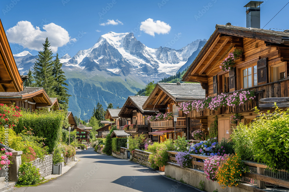 Charming village nestled in a valley, surrounded by snow-capped mountains. Cozy chalets with wooden facades and flower boxes line the streets under a clear blue sky and crisp mountain air.
Charming village nestled in a valley, surrounded by snow-capped mountains. Cozy chalets with wooden facades and flower boxes line the streets under a clear blue sky and crisp mountain air.