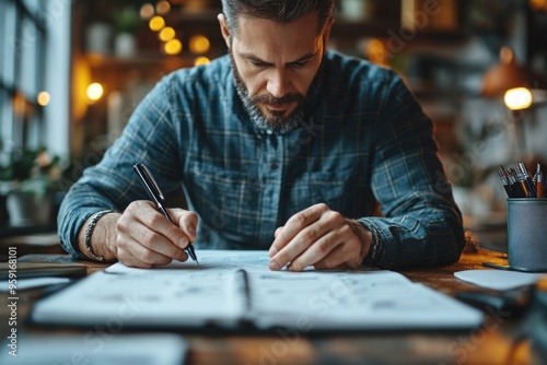 Man Using Notebook in Office for Notes, Planning, Scheduling, and Strategic Logistics