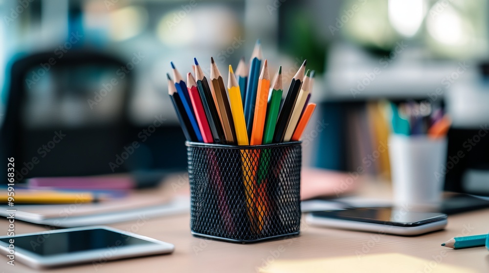 This image shows an office desk with various stationery items including colored pencils in a holder, a smartphone, and a tablet. This image shows an office desk with various stationery items including colored pencils in a holder, a smartphone, and a tablet.