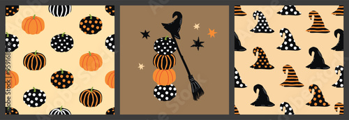 Halloween cartoon collection of two seamless patterns and composition with broom.Ornamental pumpkins and witch hats.Black white and colored objects on beige background.Vector design for printing.