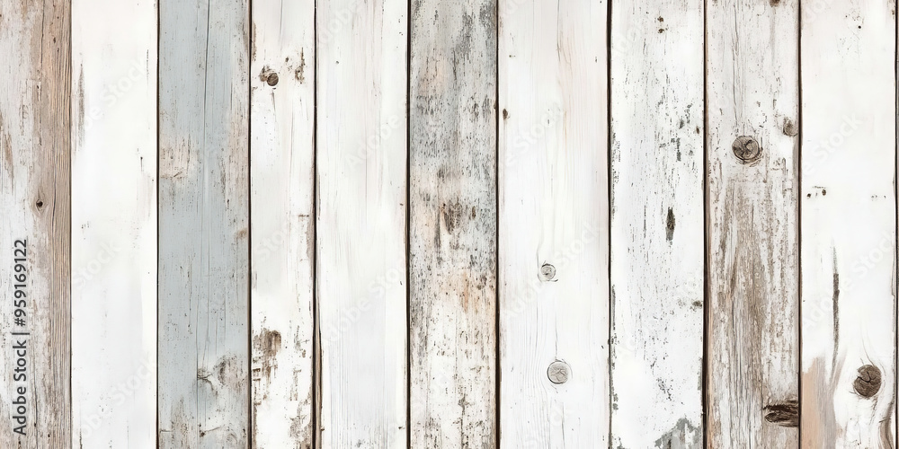 Fototapeta premium Weathered wooden backdrop featuring vertically aligned barnwood planks with faded white paint, revealing the natural wood underneath. The wood has a rustic, distressed texture, with nails and knots