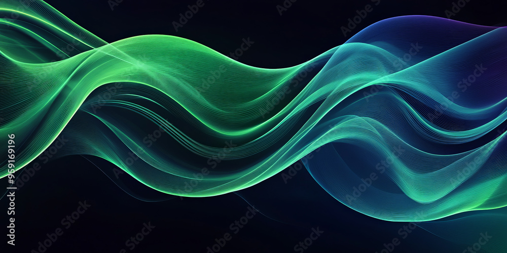 A modern background with fluid, neon green and blue light lines flowing smoothly across a dark canvas. The lines form a wave-like pattern, adding a sense of motion and vibrancy.