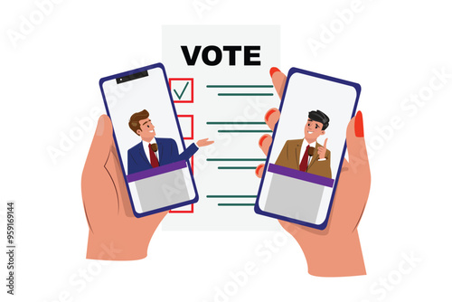 Phone screens show candidates speaking, with vote document and checkboxes visible in the background