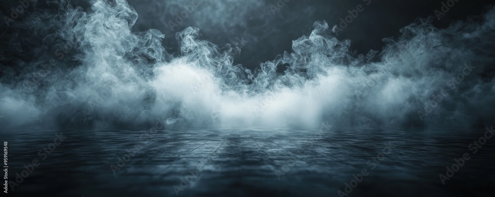 Fototapeta premium Spooky background with black floor shrouded in thick fog, swirling smoke, dark atmospheric effect, mist and steam elements.