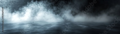 Dramatic black floor with thick fog, swirling smoke, eerie atmosphere, haunting overlay with mist and steam.