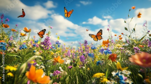 Vibrant meadow filled with butterflies flitting among colorful wildflowers photo