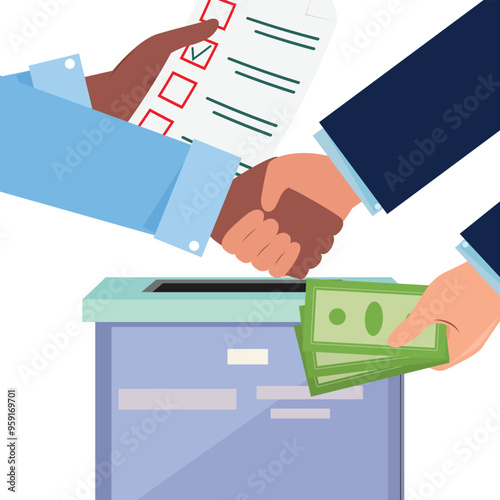 Political bribery concept illustration with hands holding voting paper and cash above a voting box