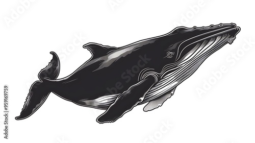 Line illustration of a whale swimming on a white background. 32k, full ultra HD, high resolution