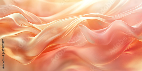 A chic abstract background with 3D wave-like silk fabric in gradient tones of coral to golden beige. The fabricâ€™s smooth flow creates a warm, elegant atmosphere. photo