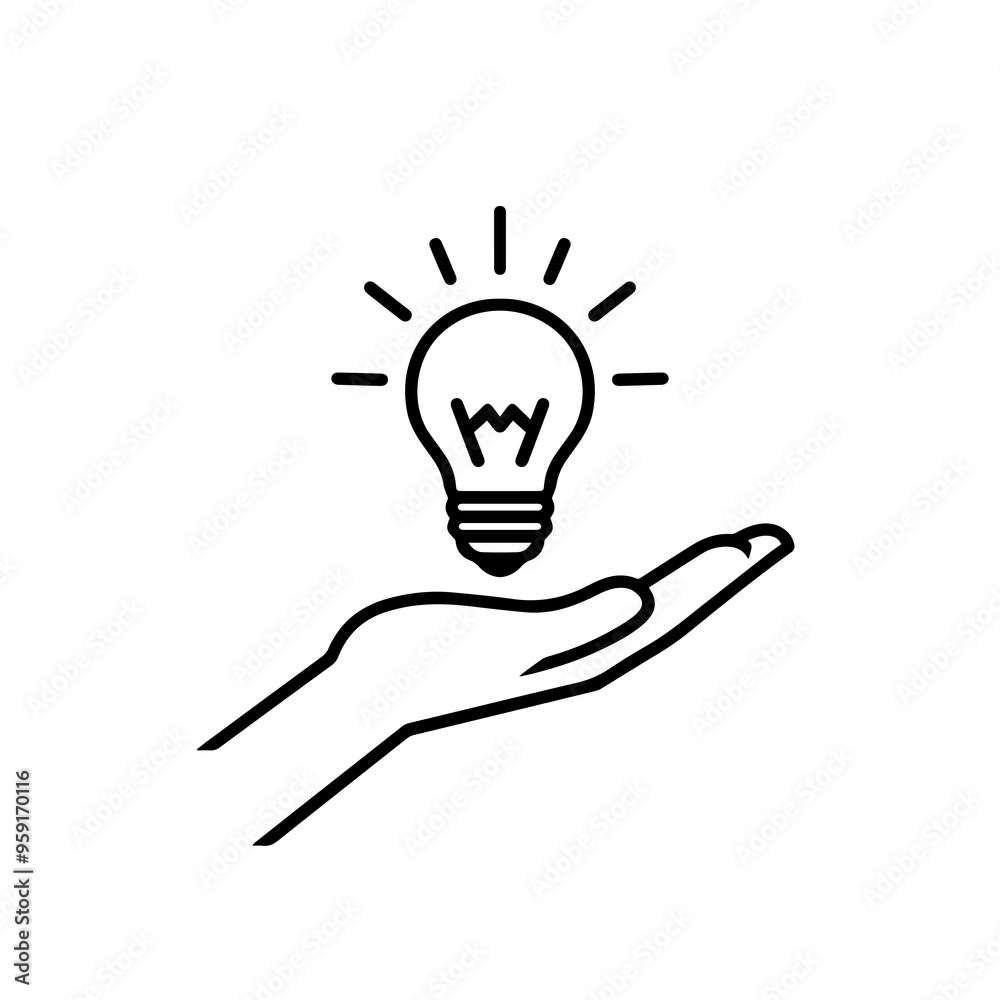 Hand holding light bulb. Smart idea icon isolated. Innovation, solution icon. Energy solutions. Power ideas concept. Electric lamp, technology invention. Human palm. Business inspiration.