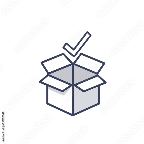 Shop purchase delivery, box sign, open order package, wholesale products, receive postal parcel, unpack box, vector icon