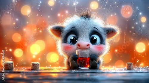  A baby monkey with a tea cup in front of bokeh lights background