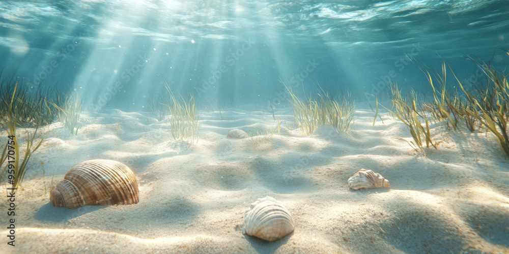 A serene underwater background showcasing a sandy ocean bottom with scattered sea grass patches. The scene is peaceful and undisturbed, with a few shells and small marine creatures nestled in the sand A serene underwater background showcasing a sandy ocean bottom with scattered sea grass patches. The scene is peaceful and undisturbed, with a few shells and small marine creatures nestled in the sand