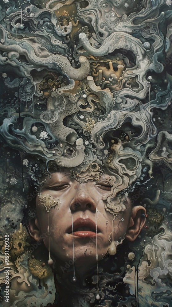 Surreal Dreamlike Abstract Painting with Human Face and Organic Textures Surreal Dreamlike Abstract Painting with Human Face and Organic Textures