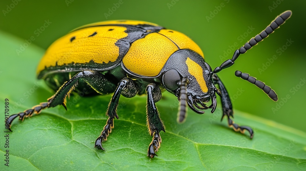 yellow and black potted beetle on green leaf yellow and black potted beetle on green leaf