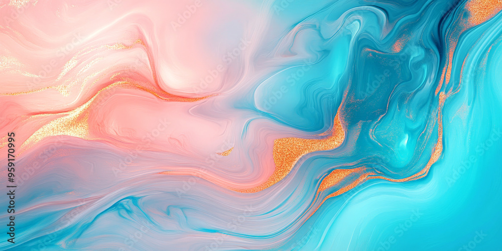 Obraz premium A radiant bright abstract background with swirling gradients in hues of turquoise, pink, and gold. The design features fluid color transitions and a modern aesthetic.