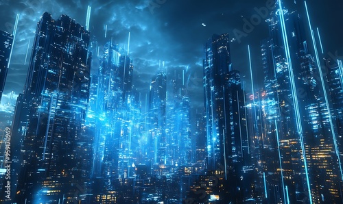 Futuristic Cityscape with Neon Lights and Cloudy Night Sky