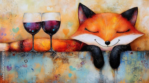   A fox naps on a ledge with two wine glasses and a bottle nearby photo