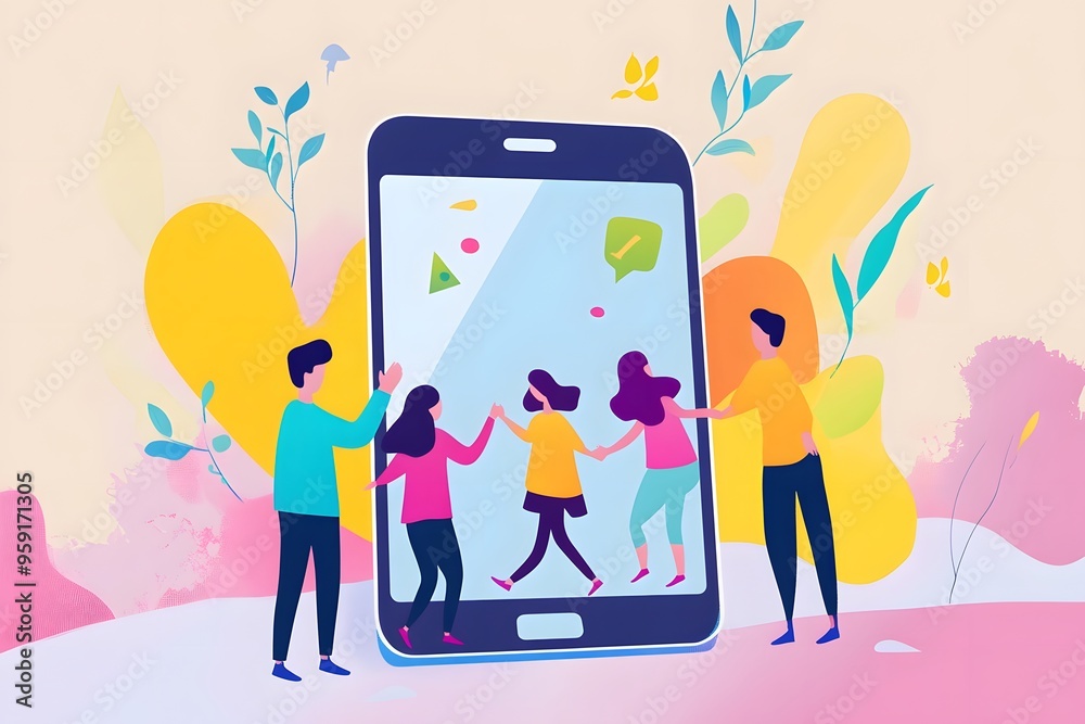 Four Friends Interacting Through a Smartphone Screen Four Friends Interacting Through a Smartphone Screen