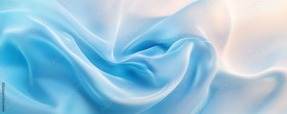 Fototapeta premium A modern, abstract background featuring 3D silk fabric with a gradient from icy blue to soft white. The fabric appears light and ethereal, with smooth, flowing waves.
