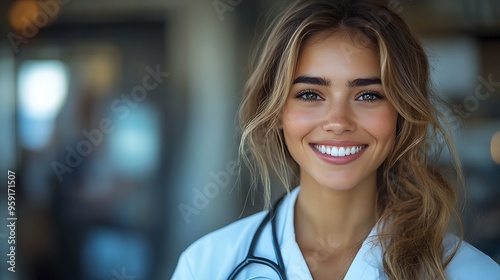 A young female doctor with a stethoscope around her neck smiles confidently at the camera.