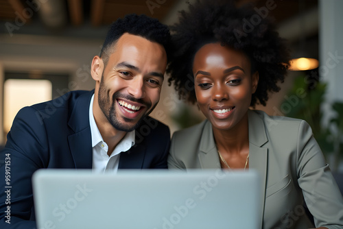 business partners looking at laptop and talking